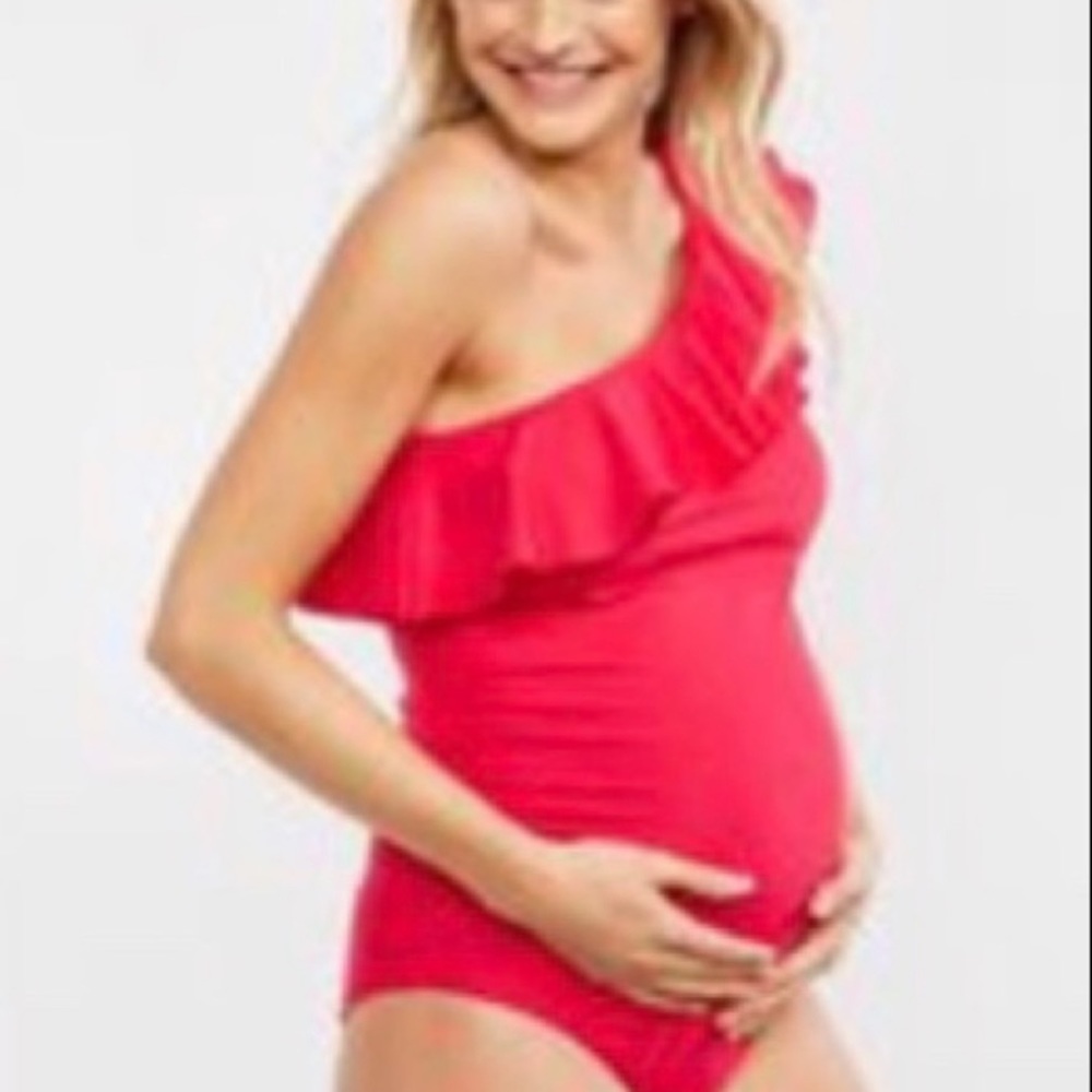 One shoulder ruffled pink motherhood maternity swimsuit